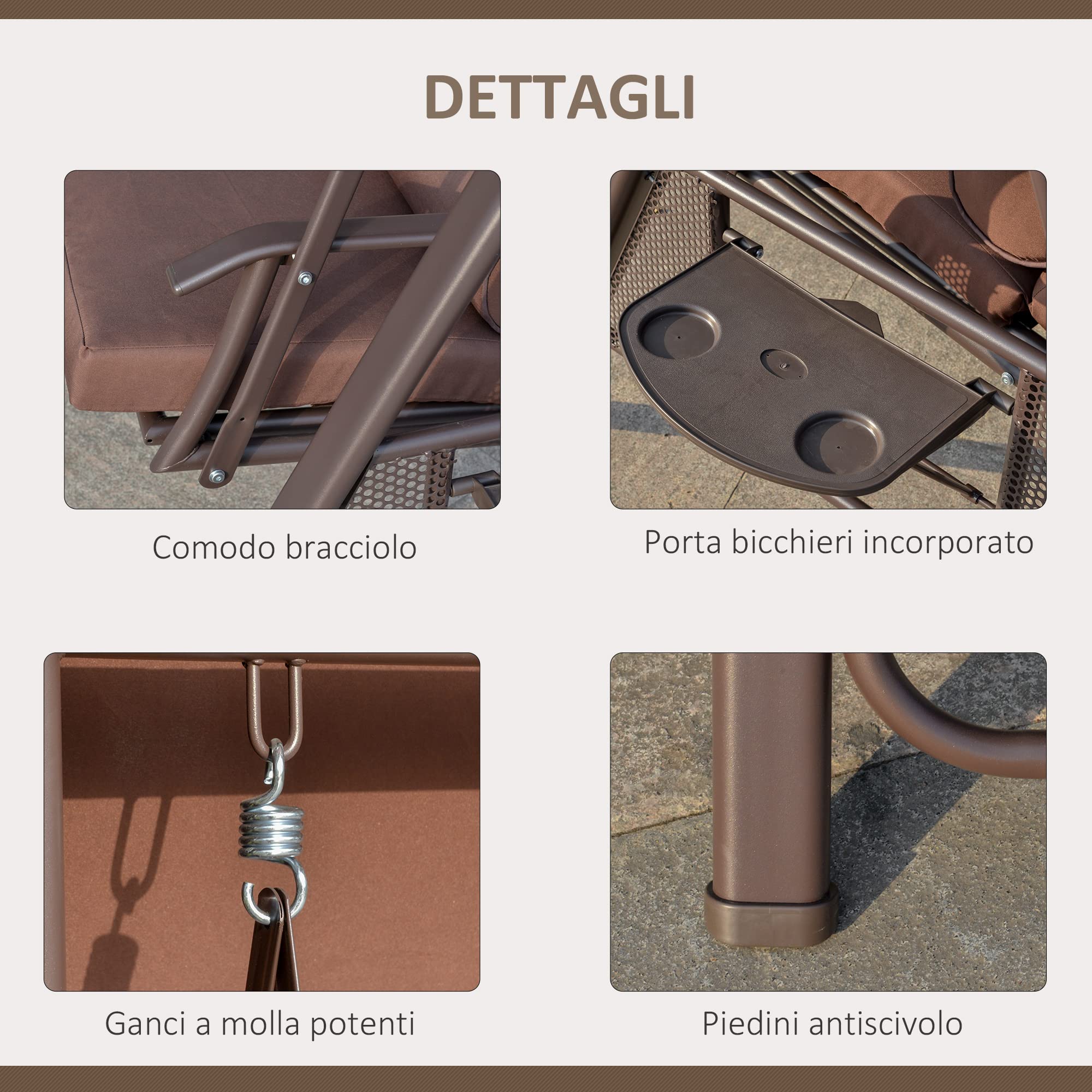 Outsunny Dondolo da Giardino 2 Posti con Tettuccio Regolabile e Vassoio Porta Bicchieri, in Acciaio e Poliestere, 157x118x180cm, Marrone