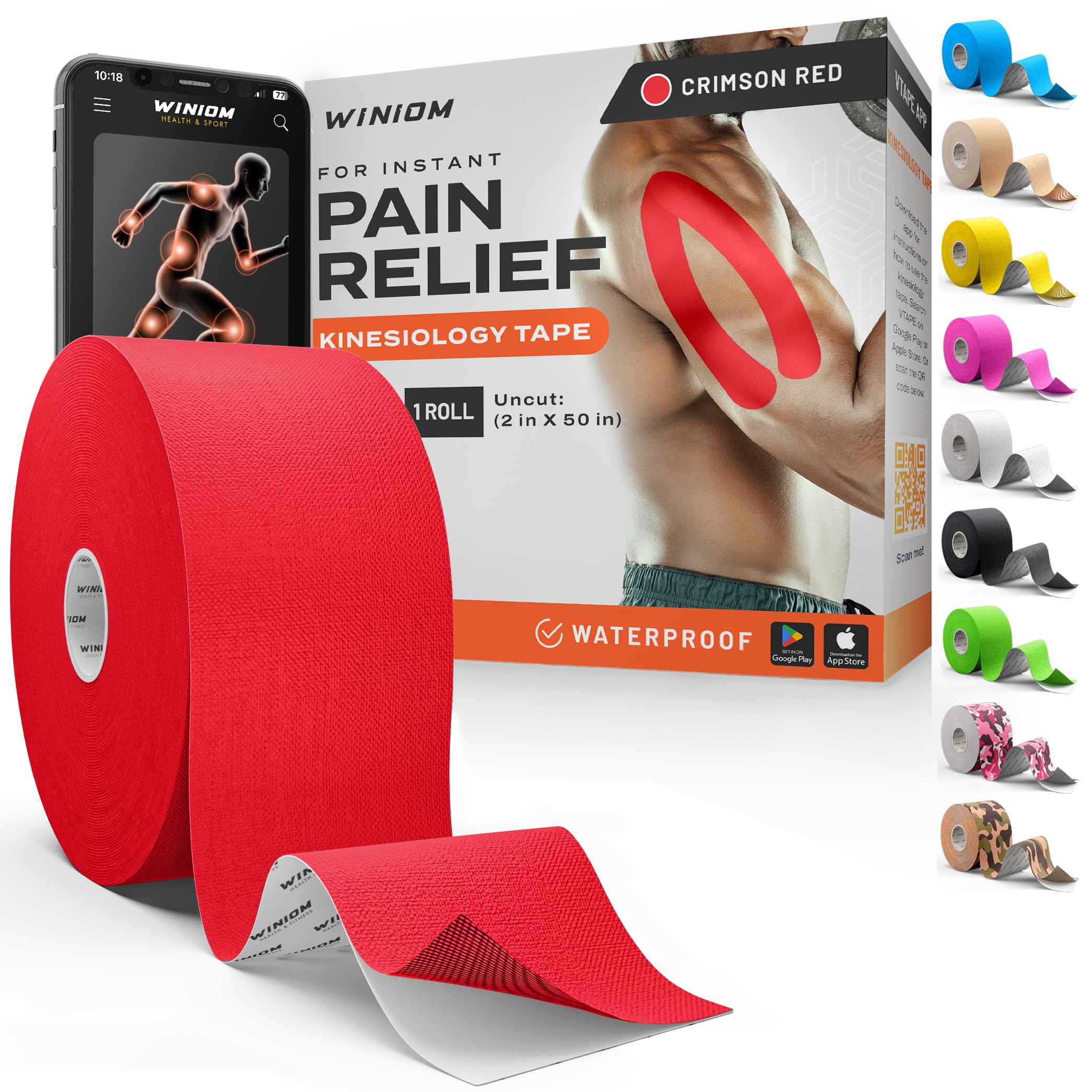 Kinesiology Tape - Waterproof Athletic Sports Tape for Knee, Shoulder, Arm &amp; Back Support | 3-5 Day Adhesion, Hypoallergenic &amp; Latex-Free + Taping Guide (Uncut, 2"x50ft Roll, Crimson Red)