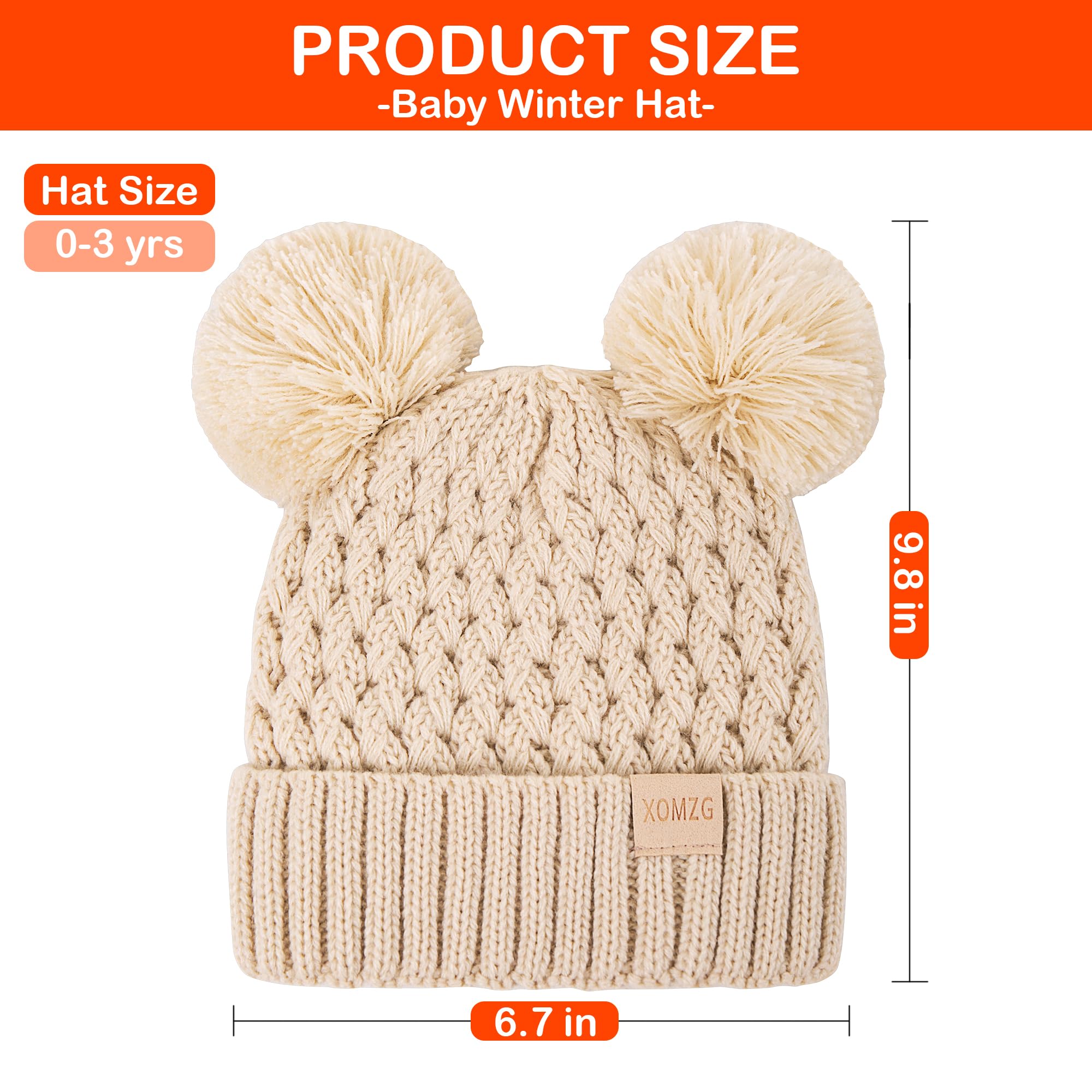 Toddler Winter Beanie Hat, Infant Winter Warm Knit Fleece Lined Cap for Girls Boys with Pom Pom for 0-36 Months 2 Packs