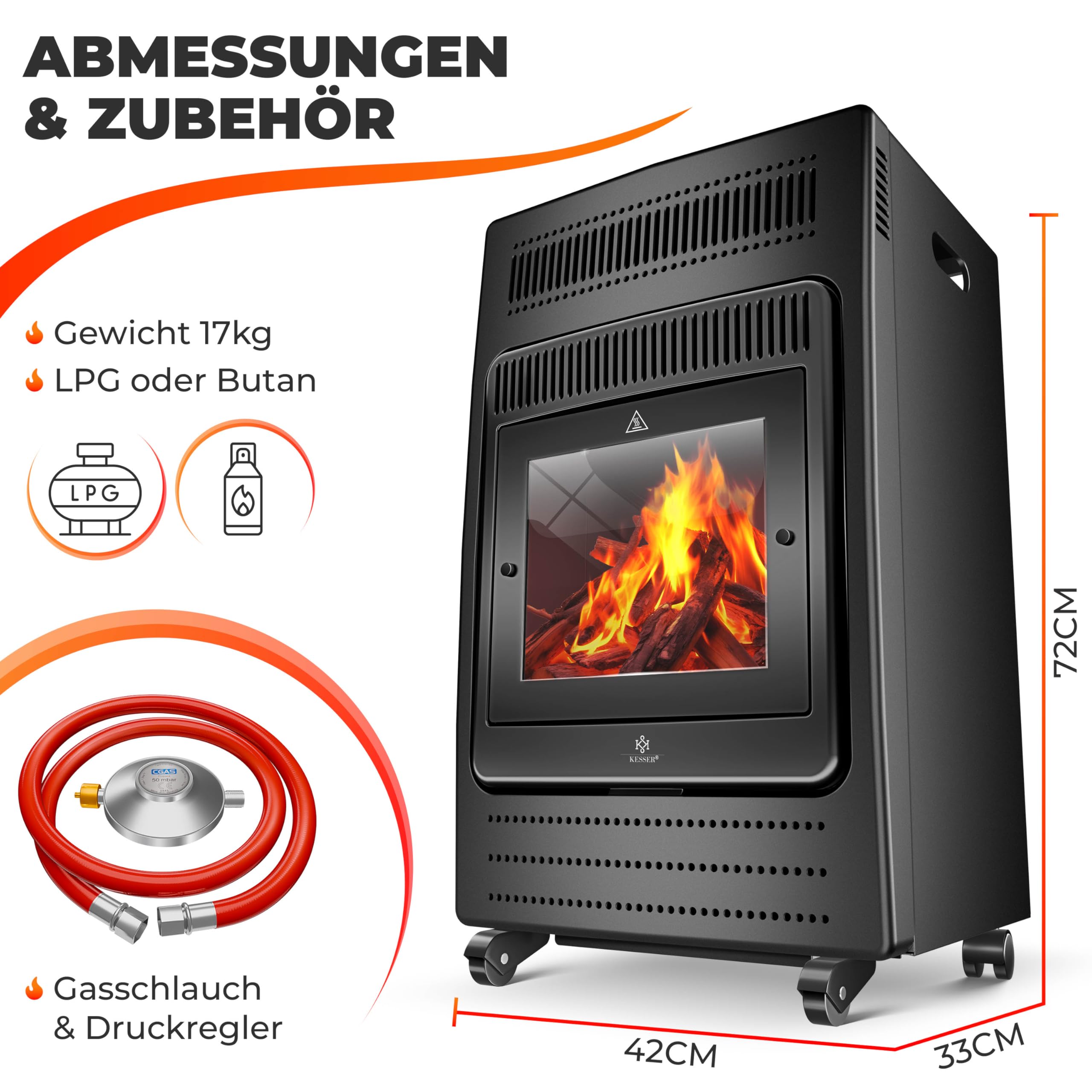 KESSER® Grzejnik gazowy, 3,4 kW, zawiera reduktor ciśnienia gazu i wąż gazowy, 2 stopnie grzania na podczerwień 3400 W, ogrzewanie gazowe, butle z butanem lub propanem, do 11 kg, czarny