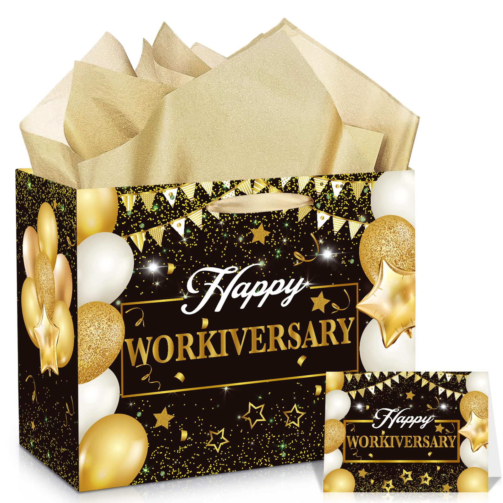 Happy Work Anniversary Bag with Tissue Paper and Card Large Black Gold Happy Workiversary Wrapping Gift Bag for Employee Men Women Office Coworker