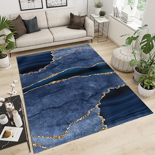 Alfombra de área con textura de mármol degradado azul líneas doradas retro alfombra de lujo para interiores antideslizante suave cómoda portátil