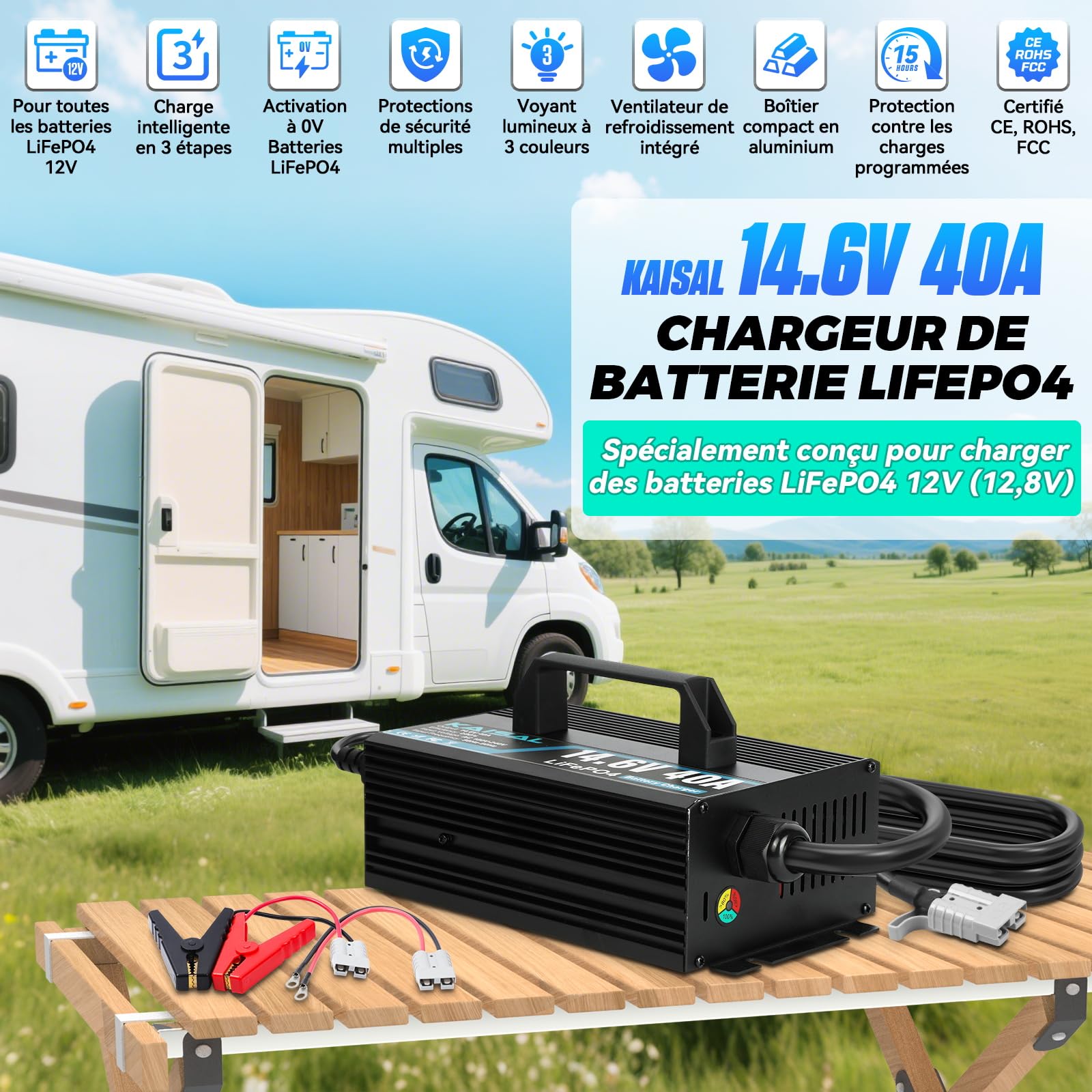 14.6V 40A Chargeur de Batterie LiFePO4, 12V Chargeur de Batterie Lithium 40A Chargeur de Lithium LiFePO4, pour Bateau, Moteur de Trolling, Camping, énergie Solaire