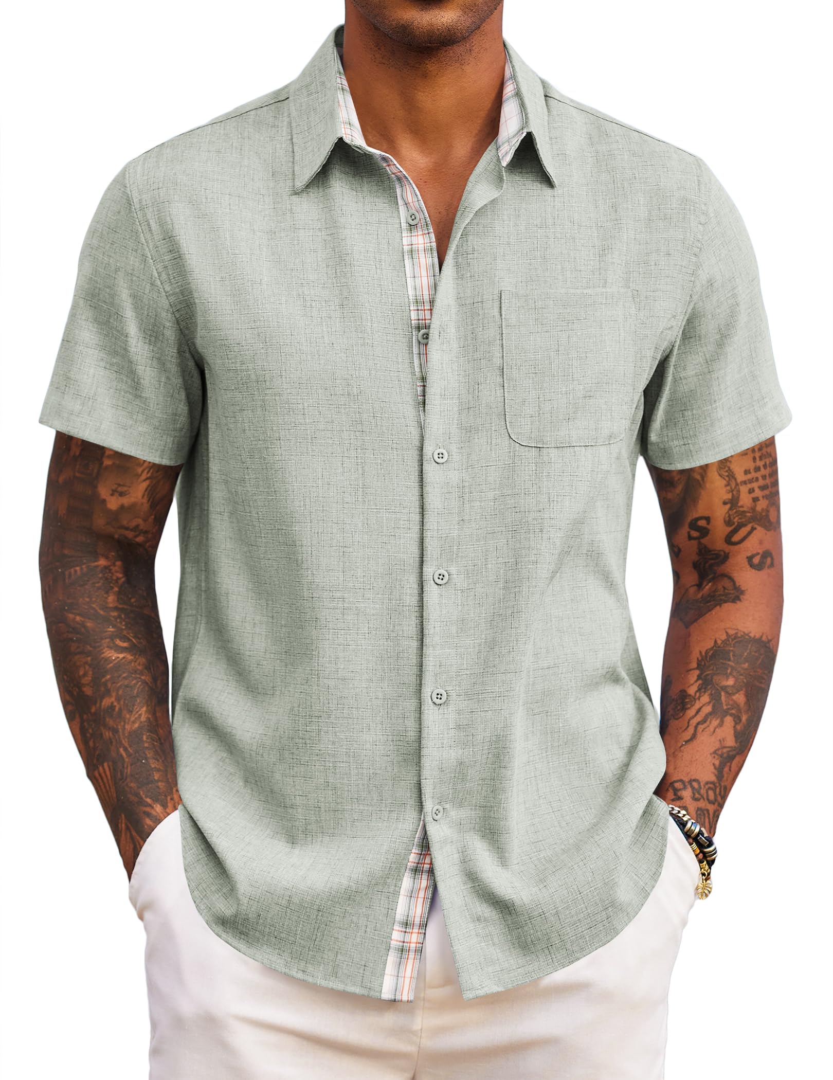 COOFANDY Herren Hemd Kurzarm Sommer Freizeithemd Regular Fit Casual Strand Hemd mit Karierte Hemdleiste