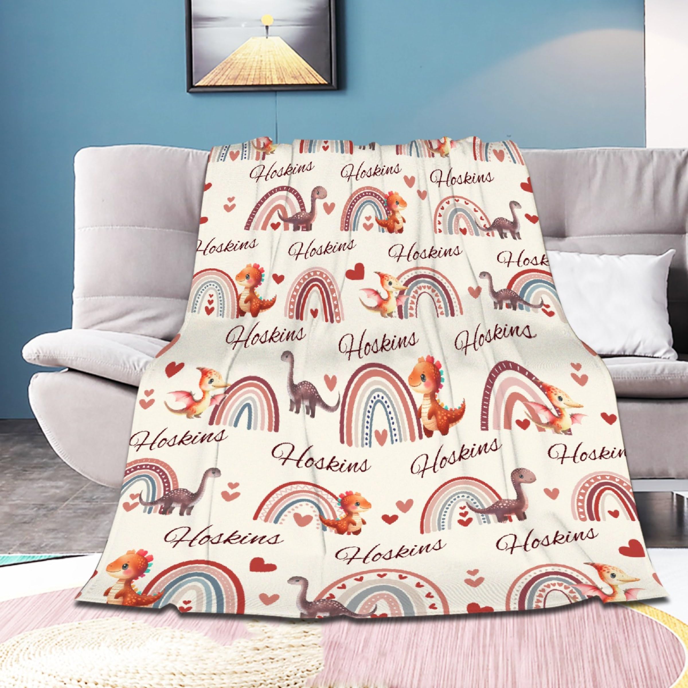 Personalized Dinosaurs Rainbow Blanket Gift,Custom Dinosaur Blanket