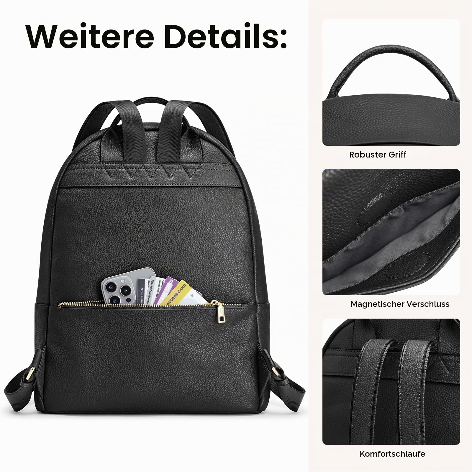 Kattee Echtleder Rucksack Mit 14 Zoll Laptopfach Damen Rucksack für Schule und Uni Mittelgroß
