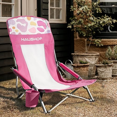 Miniatura 7 de HAUSHOF Paquete de 2 sillas de playa de respaldo alto, silla plegable con respaldo de malla, sillas de camping ligeras de asiento bajo con soporte