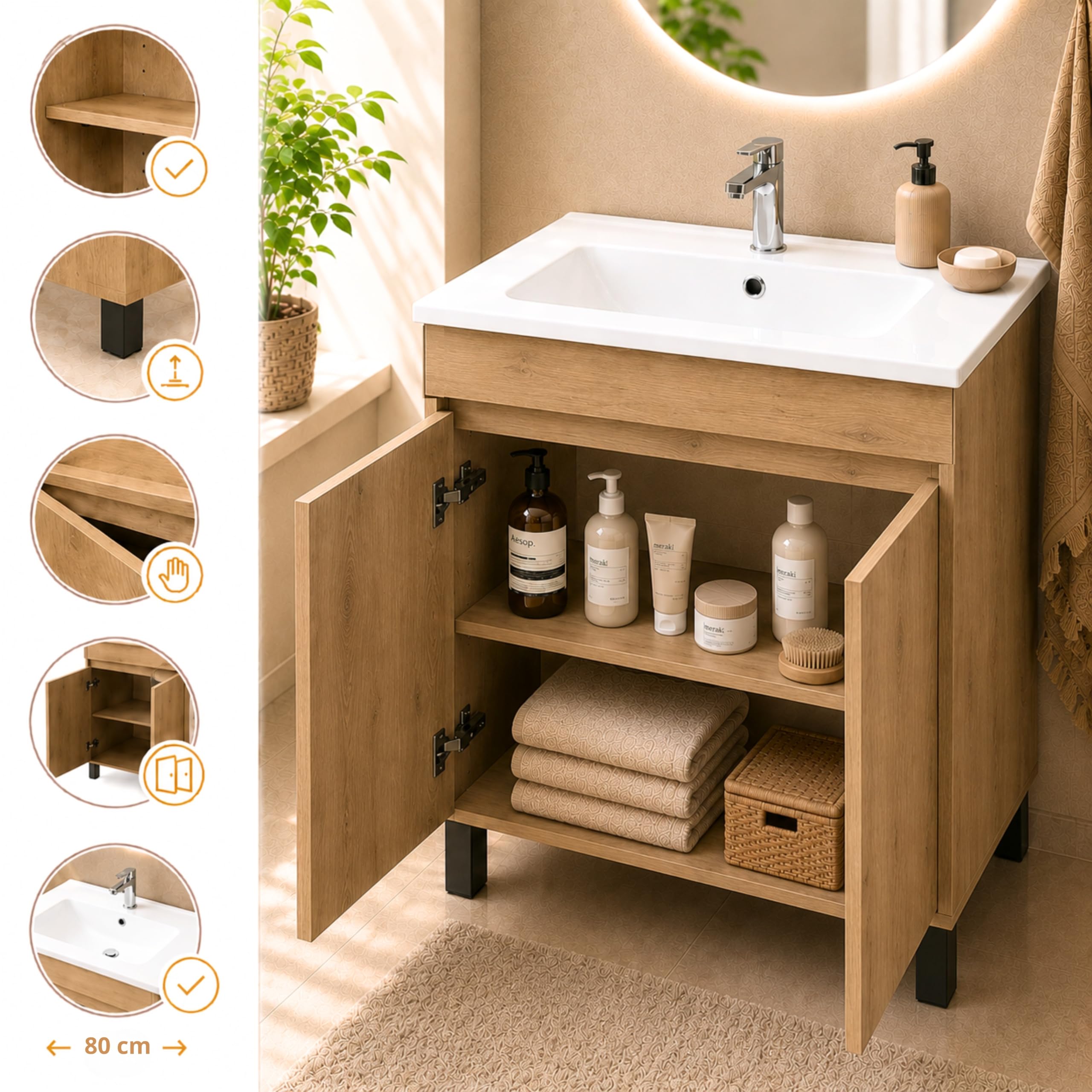 Meuble Lavabo Valencia 80 cm, Chêne Lancelot, 60
