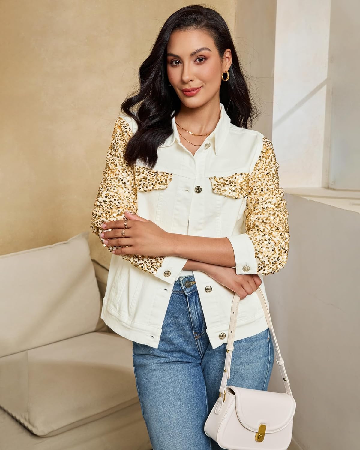 luvamia Sequin Jackets Women Jean Long Sleeves Trendy Sparkly Night Out Party Concert Stretchy Denim Jacket with Pockets - Image 2