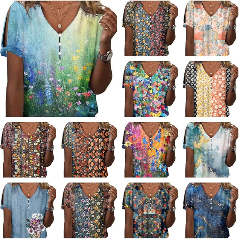 Summer Boho Tops for Women Floral Flower Print 2024 Hippie Hide Belly Petal Short Sleeve Streetwear Striking Hawaiian Formal Strapless Business Casual Tank Tops,M image 3