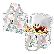 VENO 2 Pack Insulated Lunch Bag for Women Men, Reusable Lunch Box Grocery Shopping Bag Small Cooler with Handles Zippers for Work Office Picnic Beach (Pastel Forest)