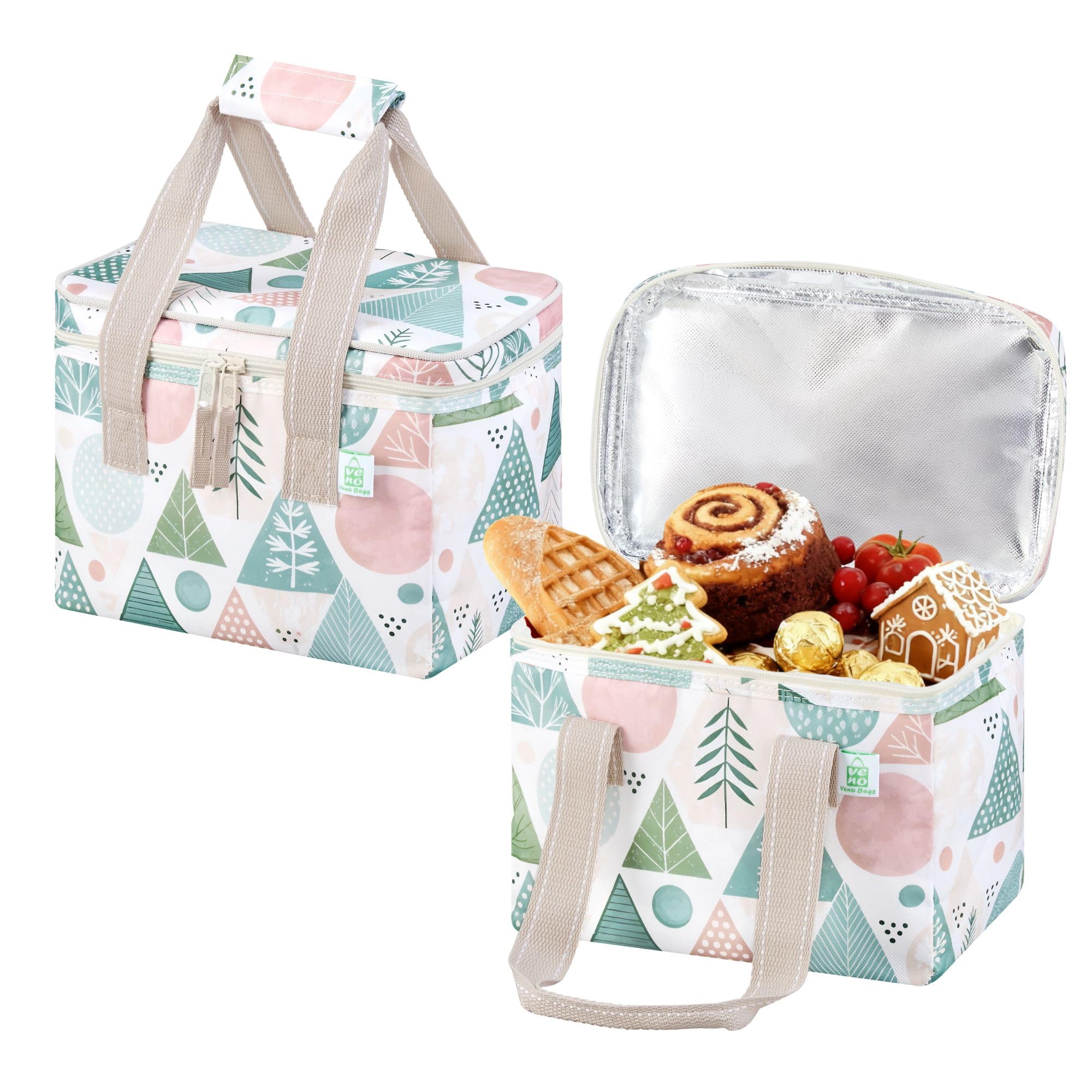 VENO 2/3 Pack Kühltasche Isolierte Lebensmittel-Lieferung, strapazierfähig, Pastel Forest, Lunch Bag - 2 Pack | Große, faltbare Einkaufstasche, wiederverwendbar, Kühltasche