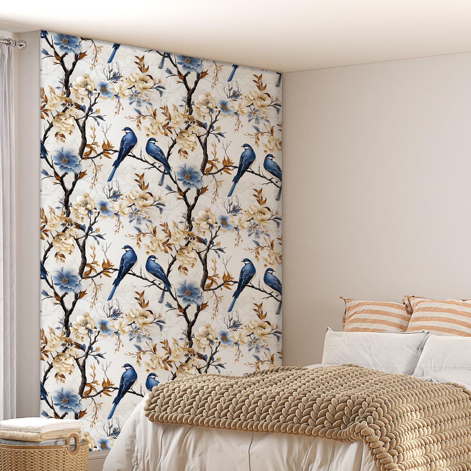 Papel pintado autoadhesivo floral, 44 x 600 cm Papel pintado autoadhesivo de pájaros y flores, papel de pared de despegar y pegar, flores de pájaro azul, hojas, árbol, autoadhesivo, envoltorio de