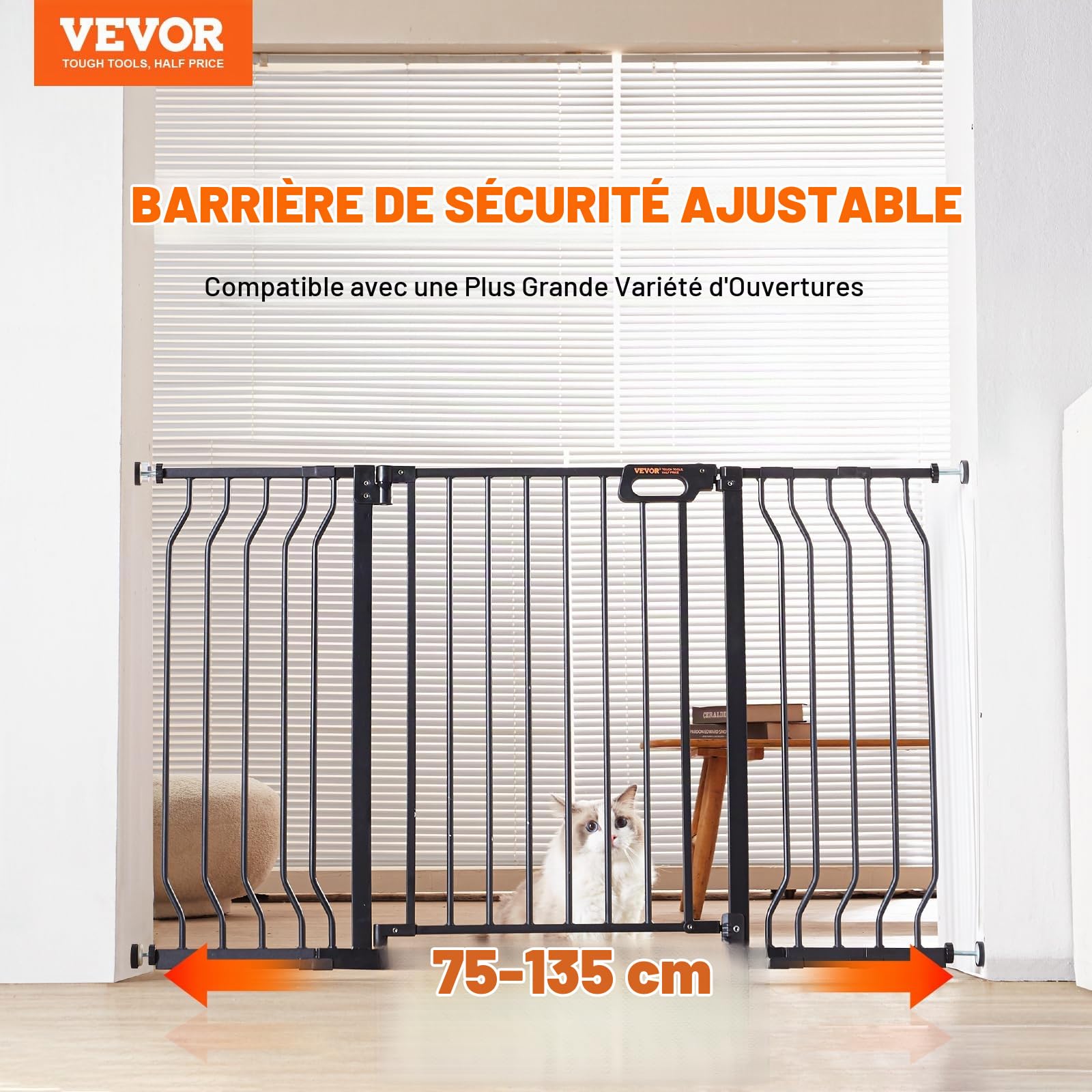 VEVOR Barrière de Sécurité Extensible 75-135 cm Hauteur de 76 cm Barrière d'Escalier à Fermeture Automatique sans Perçage Grande Ouverture 533 mm à 180° Clôtures Enfants et Chiens pour Couloir Noir