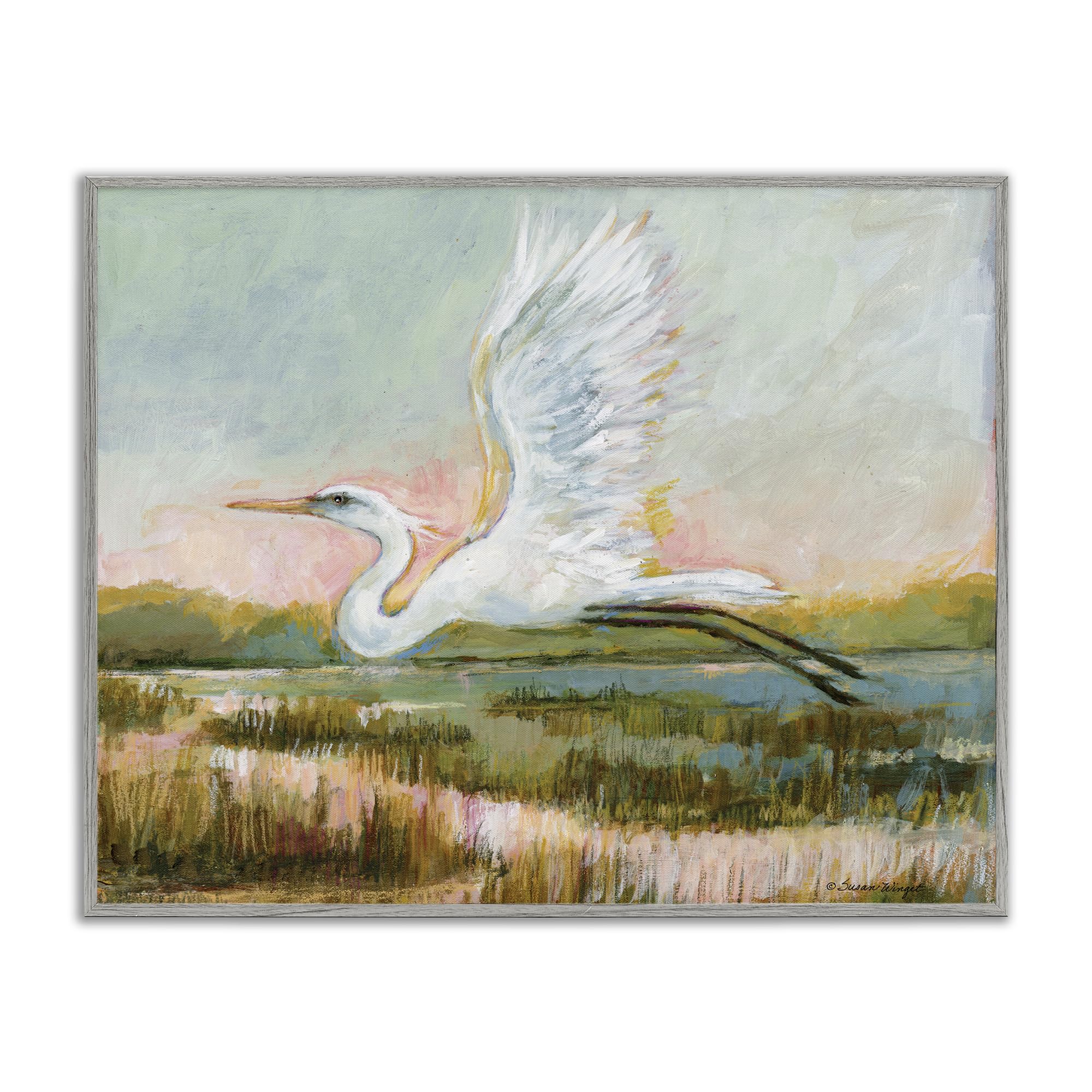 Stupell Industries Farmhouse Gray (Textured) 'White Heron Flying', Framed Giclee Art, Gray, 20 X 16 Inches, Easy To Hang And Sturdy, Made In Usa, By Susan Winget