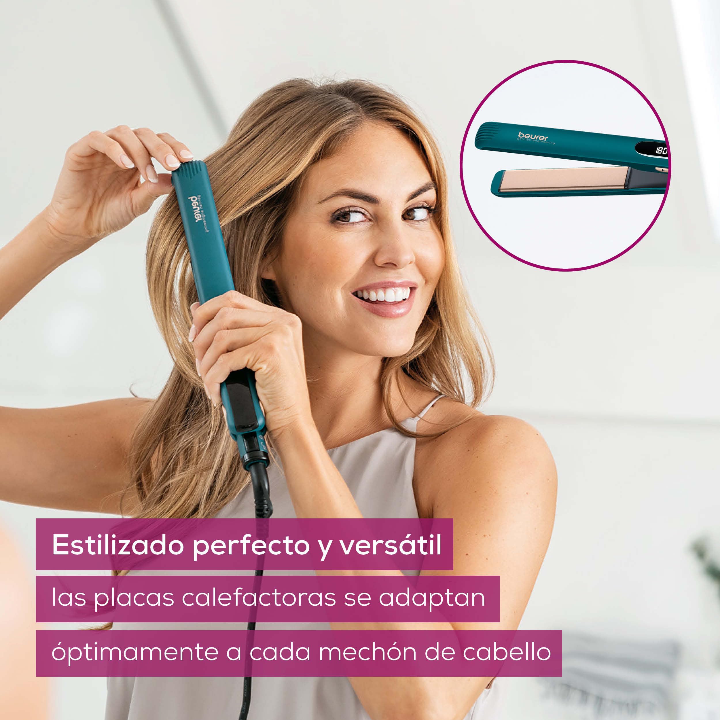 Beurer HS 50 Ocean Plancha para el pelo, alisador con revestimiento cerámico de queratina para un cabello suave, pantalla LED para indicar la temperatura, ajuste de temperatura de 120 a 220°C