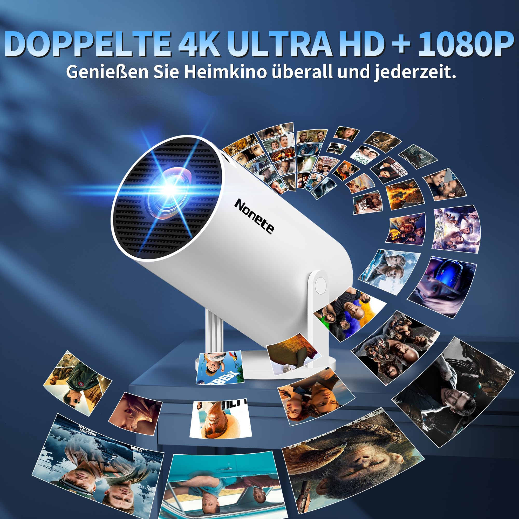 Mini Projector 4K 1080P Full HD Beamer with WiFi 6 BT 5.2, Automatic Keystone 270° Dreh, HDMI/TV Stick/Laptop, Weiß