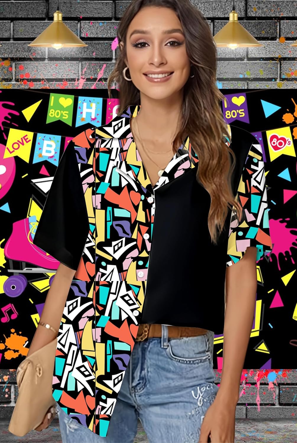 80s 90s Shirts for Women: 80's Neno Disco Party Tshirts 1980s Hawaiian Button Down Blouse Tops - Image 4