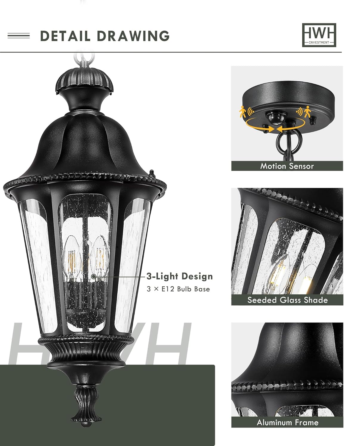 Motion Sensor Outdoor Hanging Light, HWH 360° Detection Outdoor Pendant Light for Porch, Exterior Hanging Lantern with Seeded Glass, Matte Black Finish, 5HW90H-L-SE BK