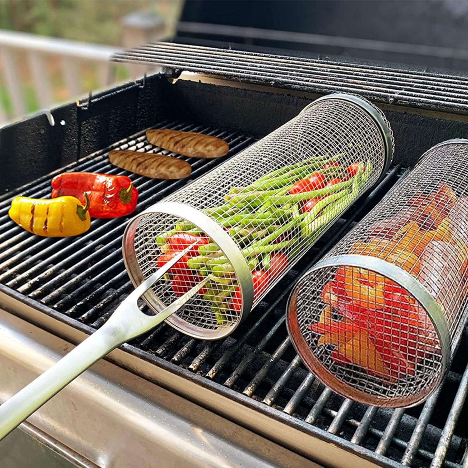 Grill Basket Round Stainless Steel,Rolling Grilling Basket,BBQ Grill Accessories for Outdoor Grill,Grilling BBQ Net for Vegetable,Fish,French Fries