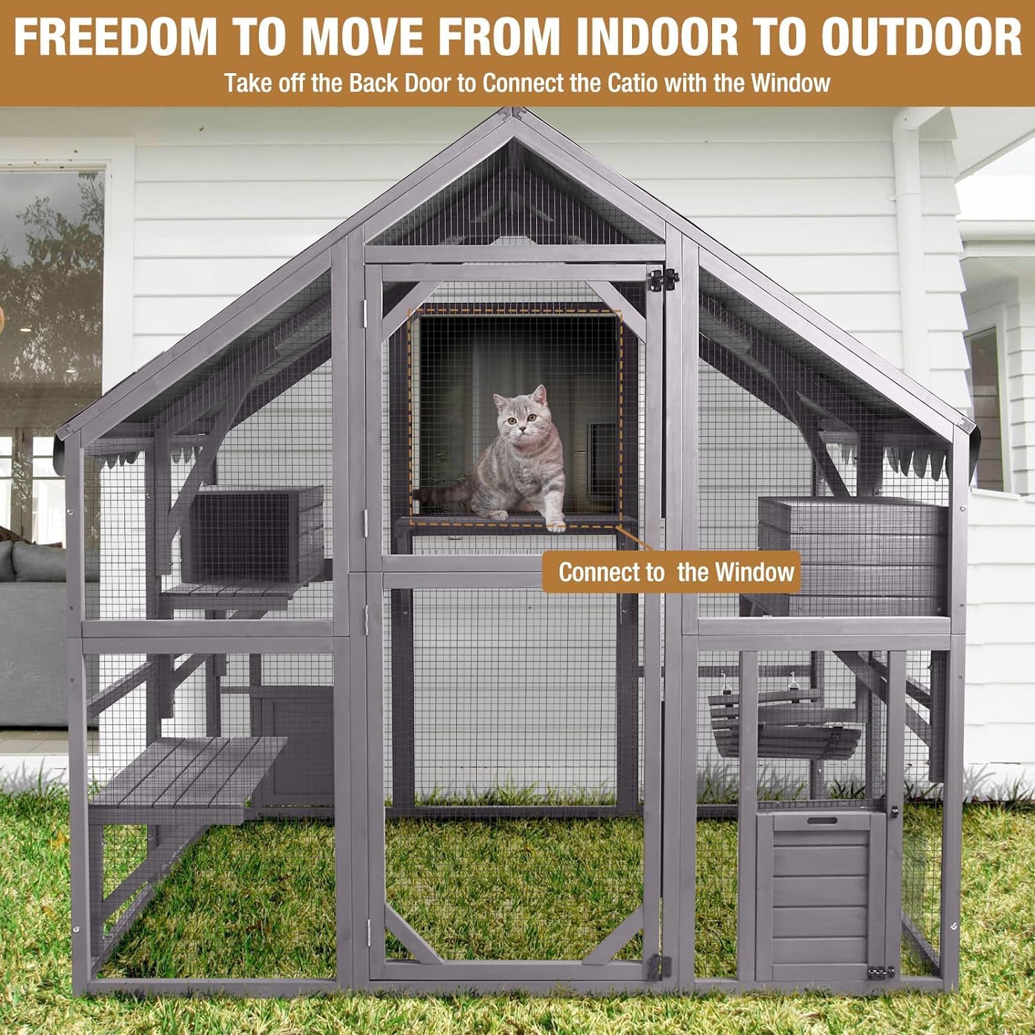 Recinto de Madera Catio para Gatos al Aire Libre Casa para Gatitos Corral Grande para Gatos con Refugio Pequeño Resistente a la Lluvia Interior, Puentes, Cubierta de Techo