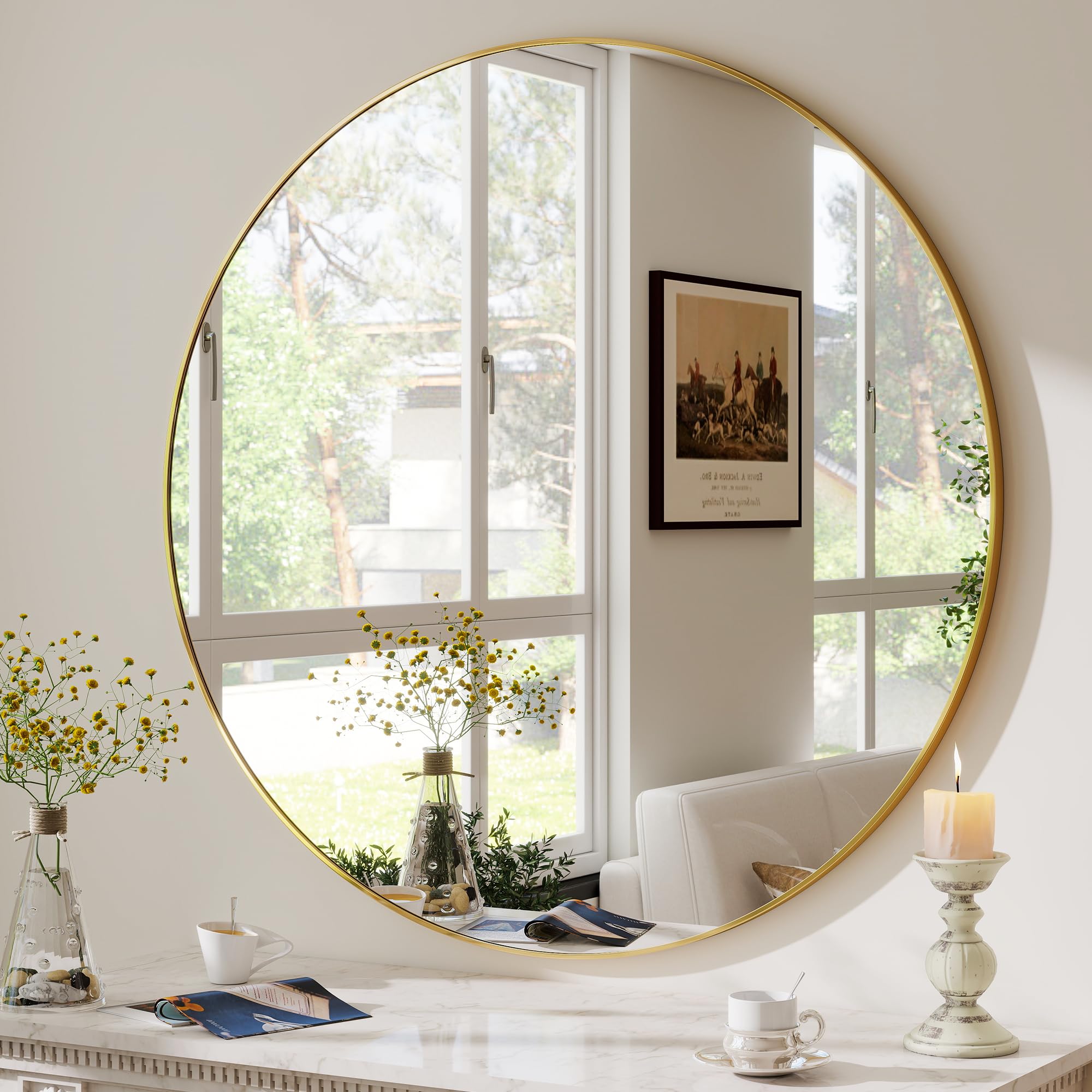 Koonmi 45x45cm Round Wall Mirror, Circle Mirror with Aluminum Alloy Frame and Tempered Glass, Suitable for Bathroom, Bedroom, Hallway, Gold