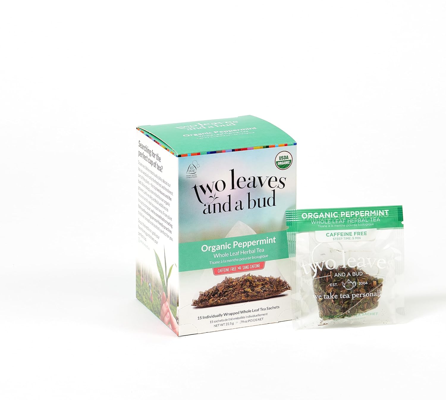 Two Leaves and a Bud Organic Peppermint Tea Bags, Naturally Caffeine Free, Herbal Whole Leaf Peppermint Tea in Compostable Sachets, 15 Count (Pack of 2)