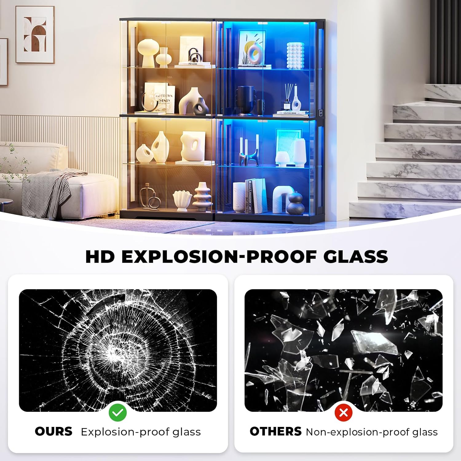 BROTTAR Display Cabinet with Glass Doors, 4-Tier Curio Cabinet with Transparent Full-Display Surface, 65" Glass Display Case with 3 Color Lights for Collectibles, Clear Case with Human Sensor Black