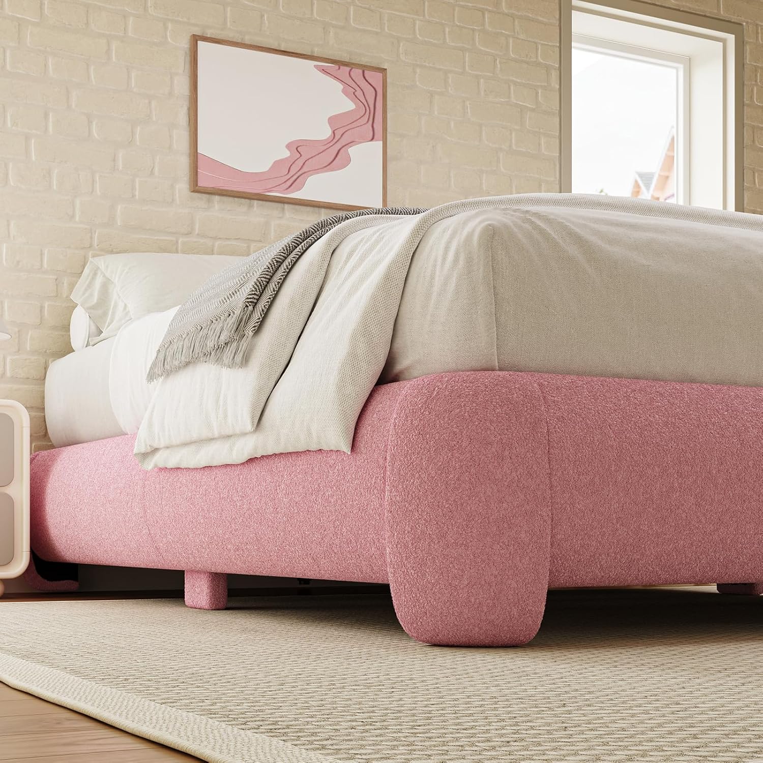 Cloud Platform Bed Frame Queen Size, Soft Boucle Bed Frame with Round Corner, Upholstered Queen Bedframe with Heavy Duty Wood Slat, No Box Spring Needed, Easy Assembly, Pink