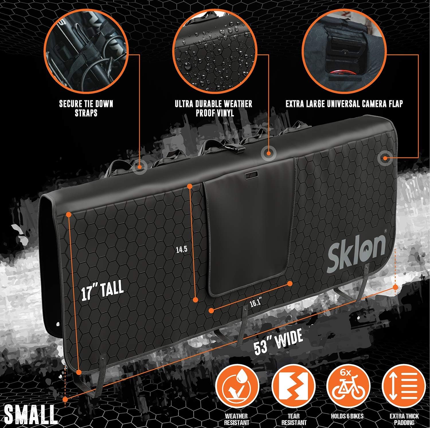 Sklon Tailgate Bike Pad with Built in Anti-Theft Locking System - Securely Transport Up to 5 Mountain Bikes on Most Full and Mid Size Pickup Truck Models - Black Honeycomb (Small - Mid-Size Pickups)