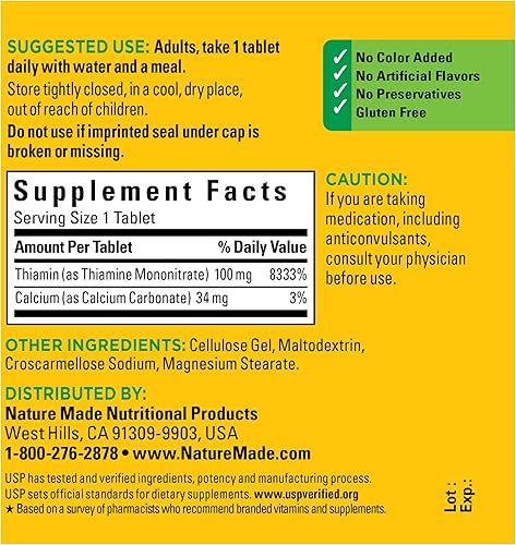 Miniatura 5 de Vitamina B1 Nature Made de 00035 oz 100comprimidos PHARMAVITE647545 100 1 1