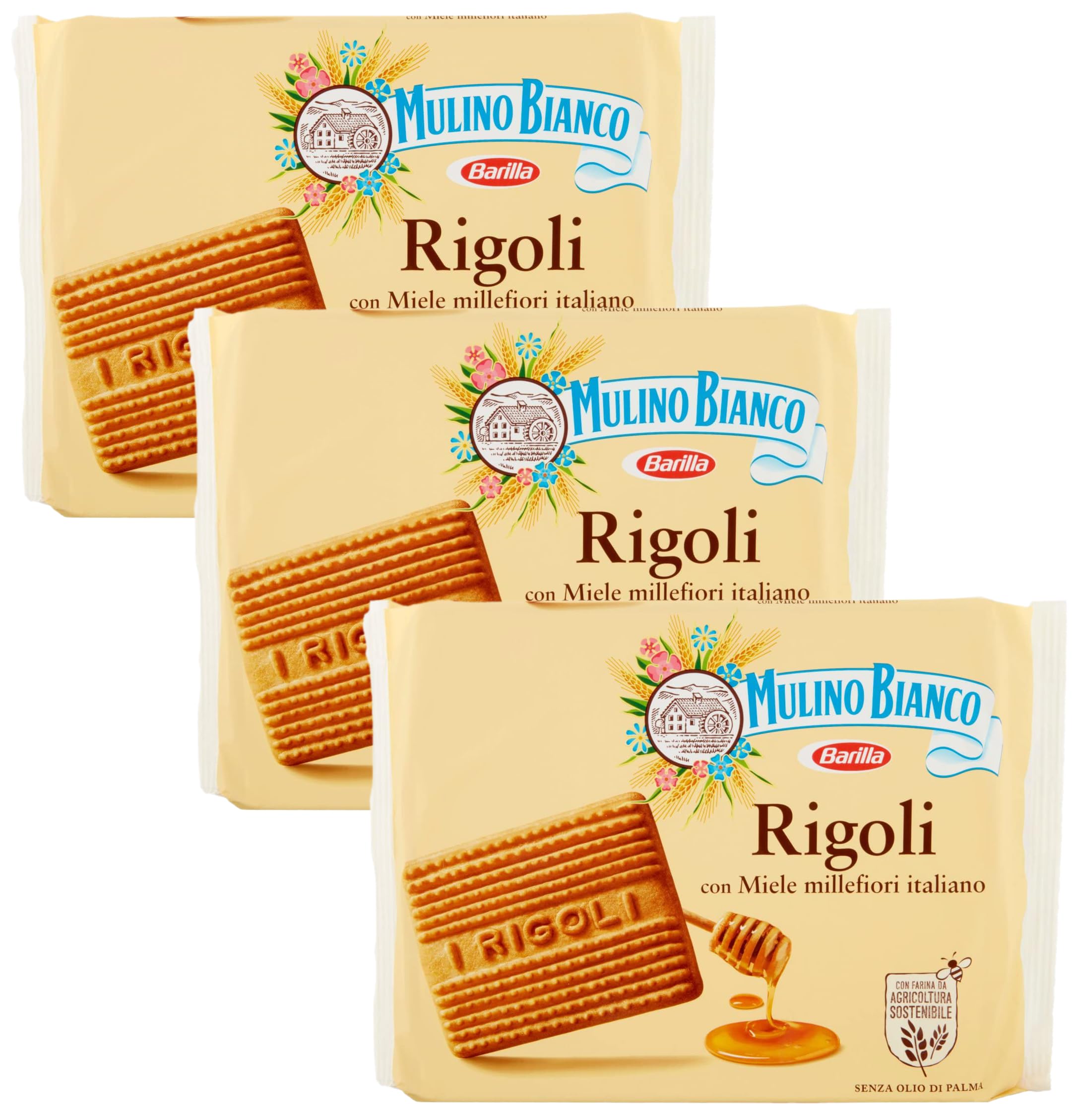 Mulino Bianco Biscotti Frollini Rigoli con Miele Italiano, Perfetti per la Colazione- 800 g (Confezione da 3)