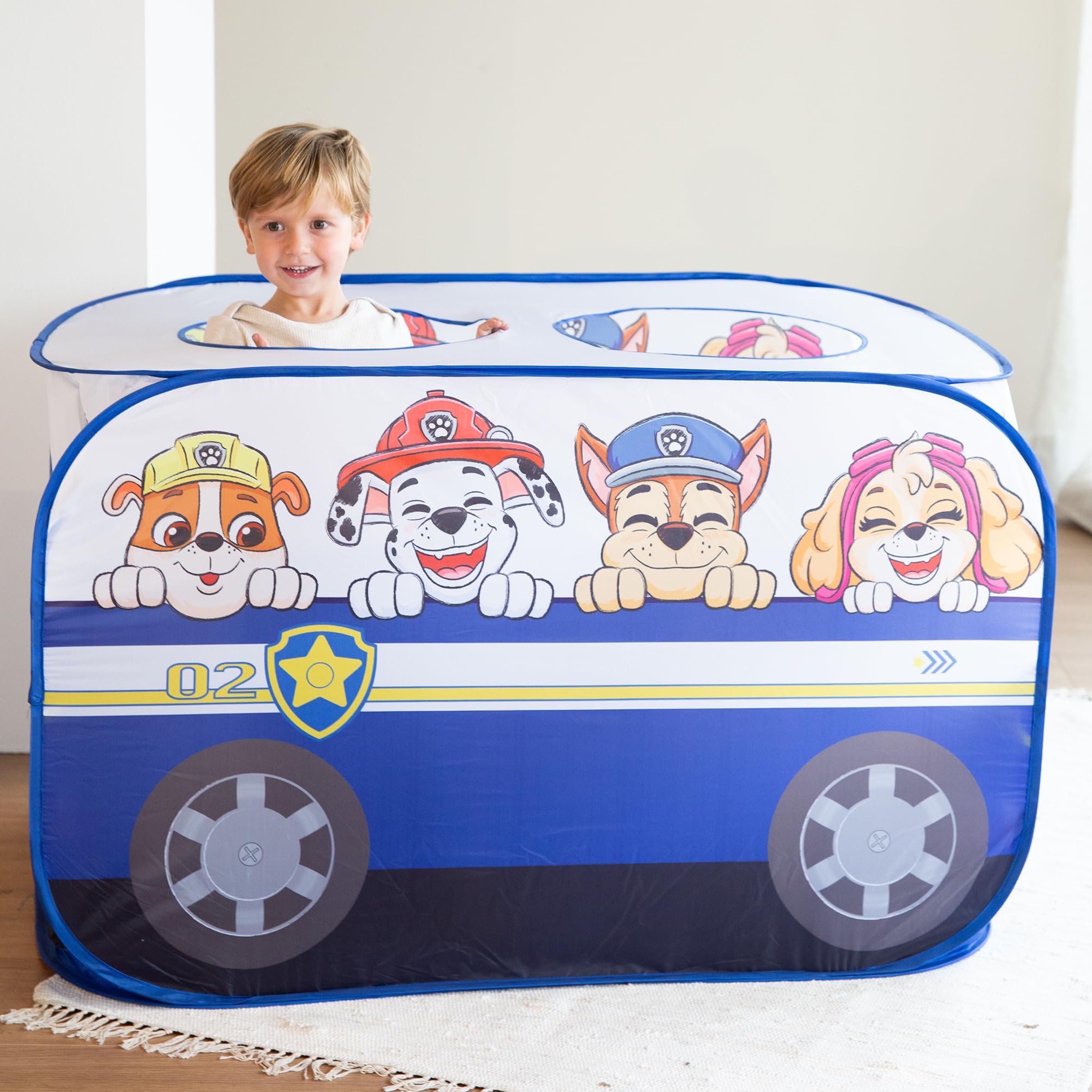 roba Paw Patrol Tienda de Juego - Carpa Infantil en Forma de Coche de Policía - Función Plegable + Bolsa de Transporte - Diseño de Perros Chase, Marshall, Rubble, Skye - Azul/Blanco