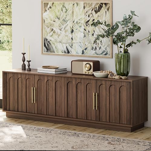 67" Mid Century Modern TV Stand for 75 Inch TV, Walnut | Media Console with Storage, Entertainment Center with Adjustable Shelves for Bedroom, Arched Design, Wood Grain