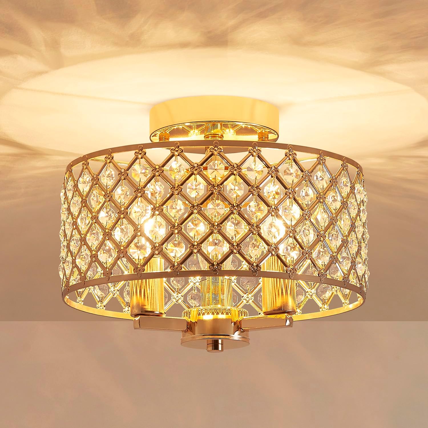 AGV LIGHTING Semi Flush Mount Ceiling Light Fixture, Modern Crystal Ceiling Light Fixture, 3-Lights, Soft Light Gold
