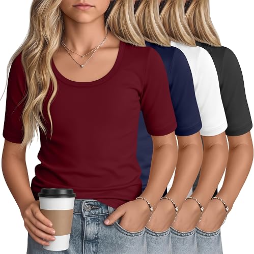 LessonZoo 4 Pack Girls' Short Sleeve T Shirts Kids Summer Scoop Neck Tops Slim F