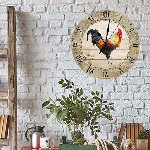 Miniatura 5 de Reloj de pared moderno, silencioso sin tictac, funciona con pilas, estilo granero, pollo, gallo francés, retro, de madera, redondo, fácil de leer