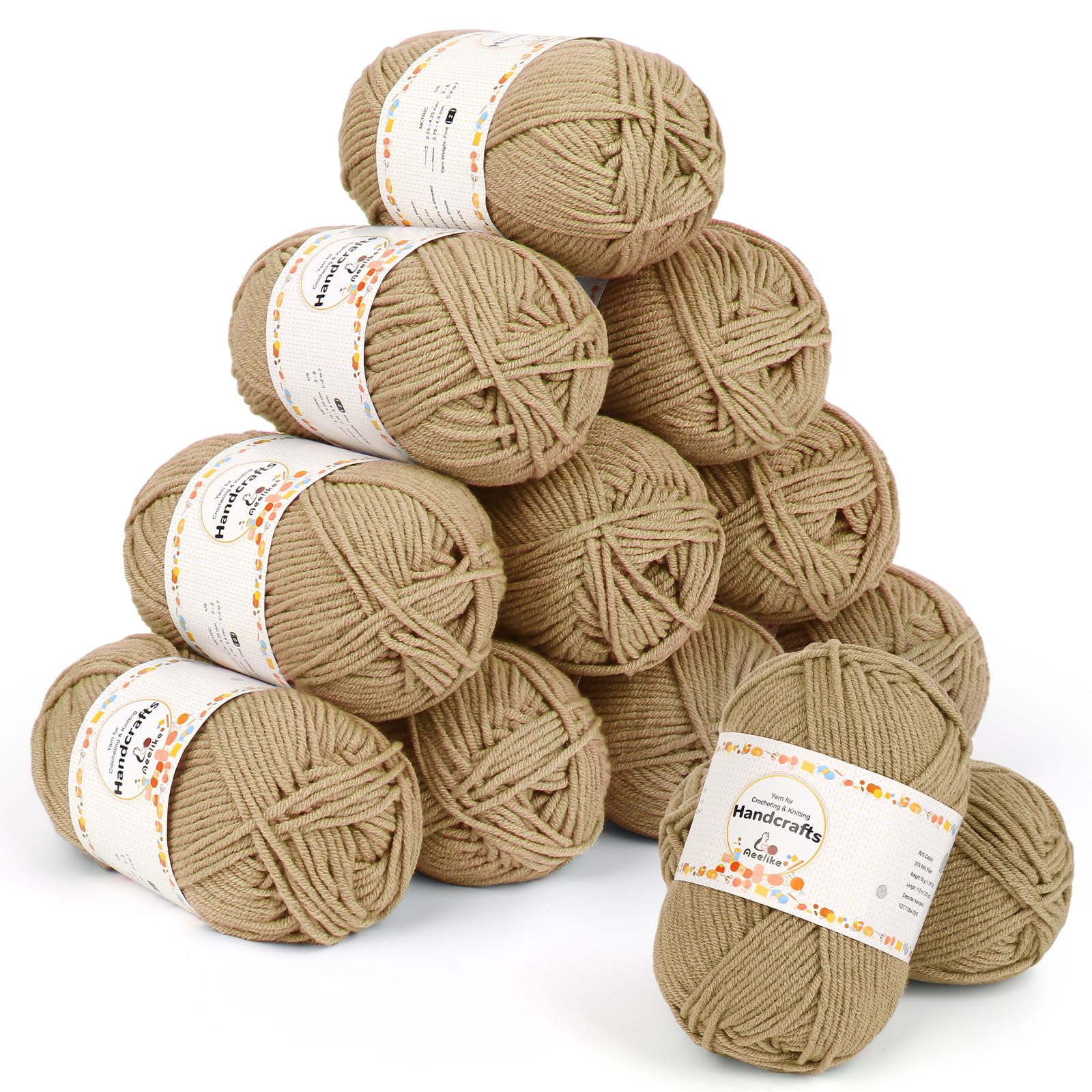 Aeelike 5Ply 600g (12 x 50g) Acrylic Wool for Crochet, Crochet, Knitting - for Knitting, Crocheting and Crafts, Multicoloured, Khaki