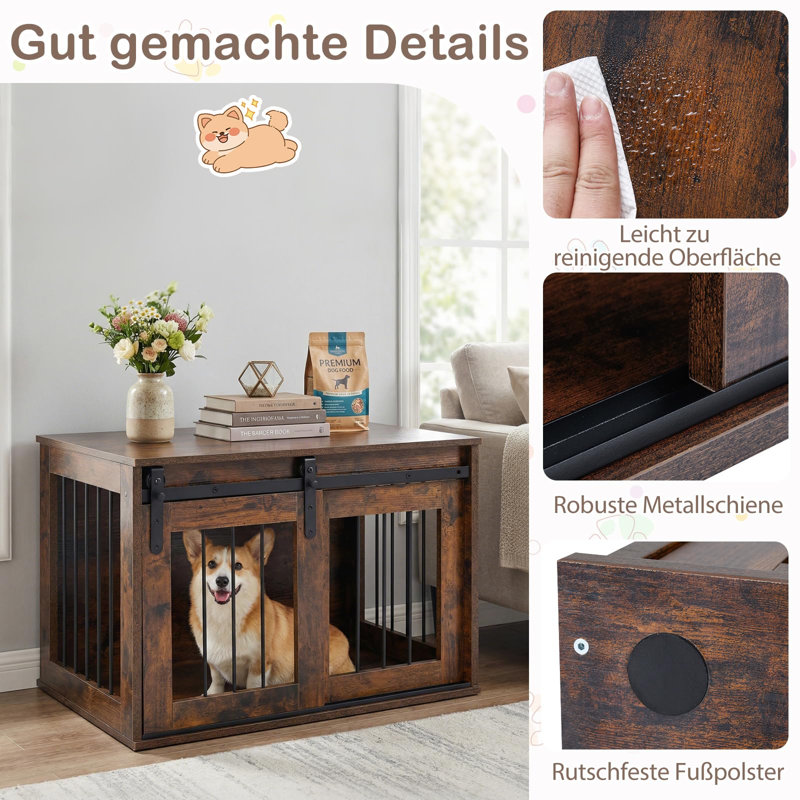 COSTWAY Hundekäfig Möbel, 80 cm Hundebox mit Schiebetür & Metallrahmen, Hundeschrank Holz für Wohnzimmer, Schlafzimmer & Flur, dekorativer Beistelltisch für kleine & mittelgroße Hunde (Rustikal Braun)