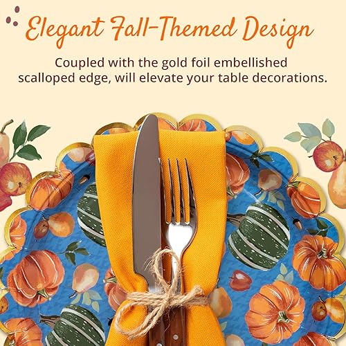 Miniatura 6 de Platos de papel de Acción de Gracias, 50 platos desechables de Acción de Gracias, festoneados, suministros de fiesta, calabazas, azul