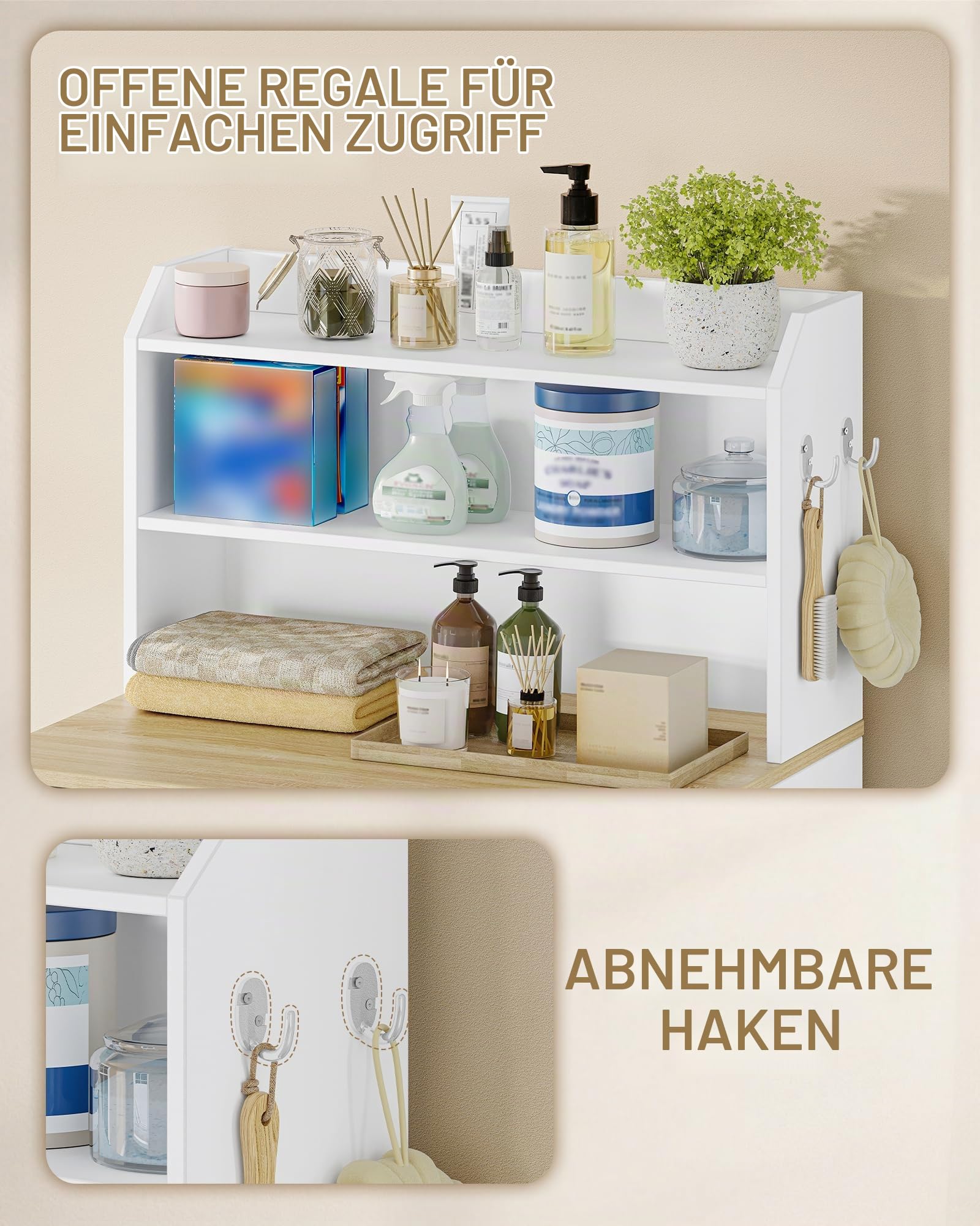 Hzuaneri Waschmaschinenschrank, Überbauschrank für Waschmaschine | Waschmaschinenregal mit offenen Ablagefächern, Waschmaschinen Schrank, 50 x 68 x 128 cm, Weiß und Natur LR00103X