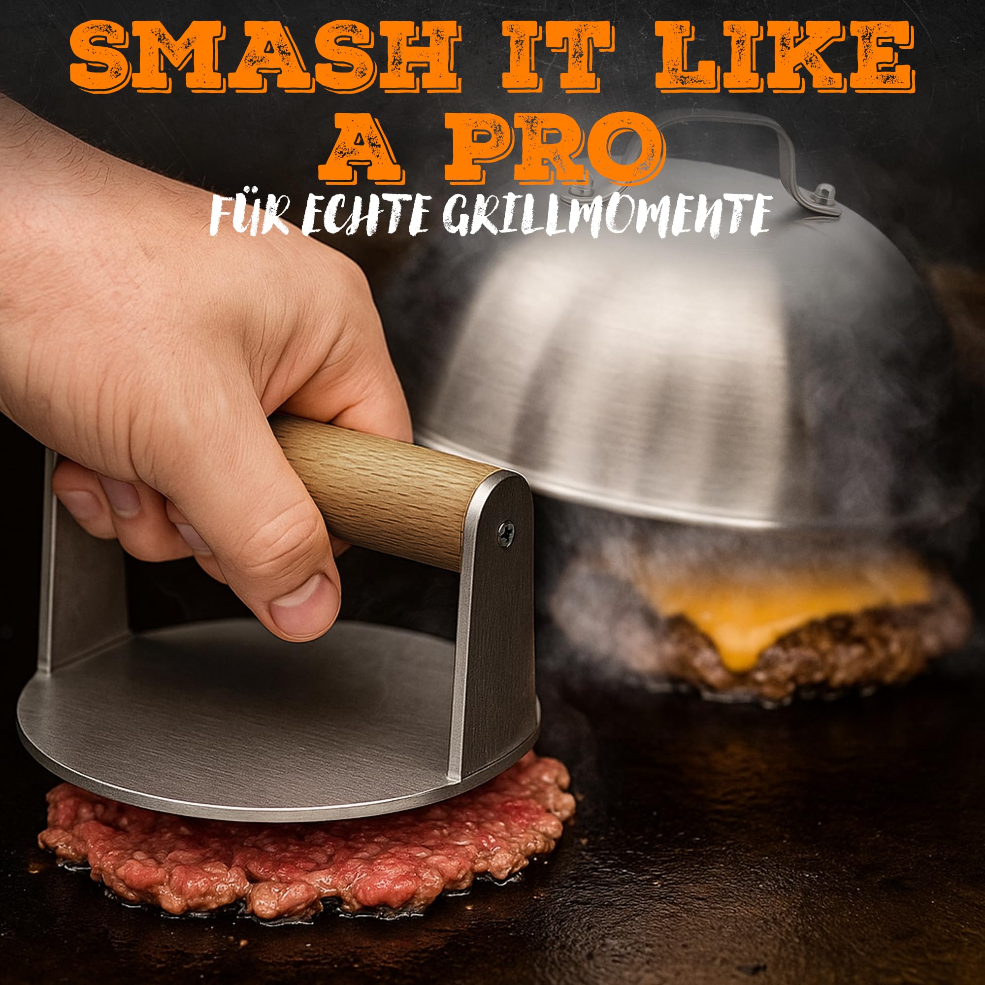 Smash Burger Set – 4-teiliges Burger Set aus Edelstahl & edlen Holzgriffen – inkl. Burgerglocke für extra Aroma - Plancha Zubehör für Smash Burger – Burger Presse, Spachtel, Wender & Glocke