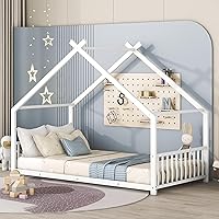 Vista 11 de Cama de plataforma de metal con forma de casa con listones de metal sólido, cama de casa de tamaño individual con diseño de techo, marco de cama