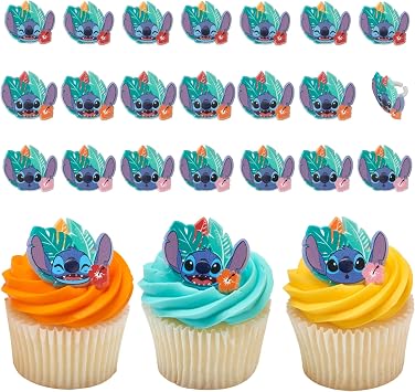 DecoPac Disneys Stitch Ohana Cupcake Rings, 24 Lilo & Stitch Cupcake Decorations For Birthday Parties & Celebrations, Food Safe Cake Toppers 24 Pack