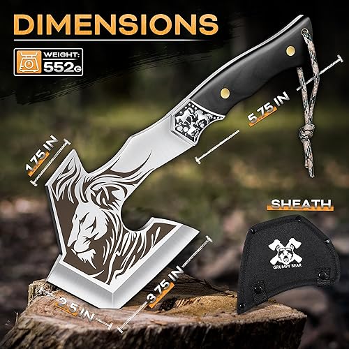 Miniatura 5 de Grumpy Bear Hacha de camping con talla de león, hacha de espiga completa para exteriores con mango decorativo, hoja forjada duradera para