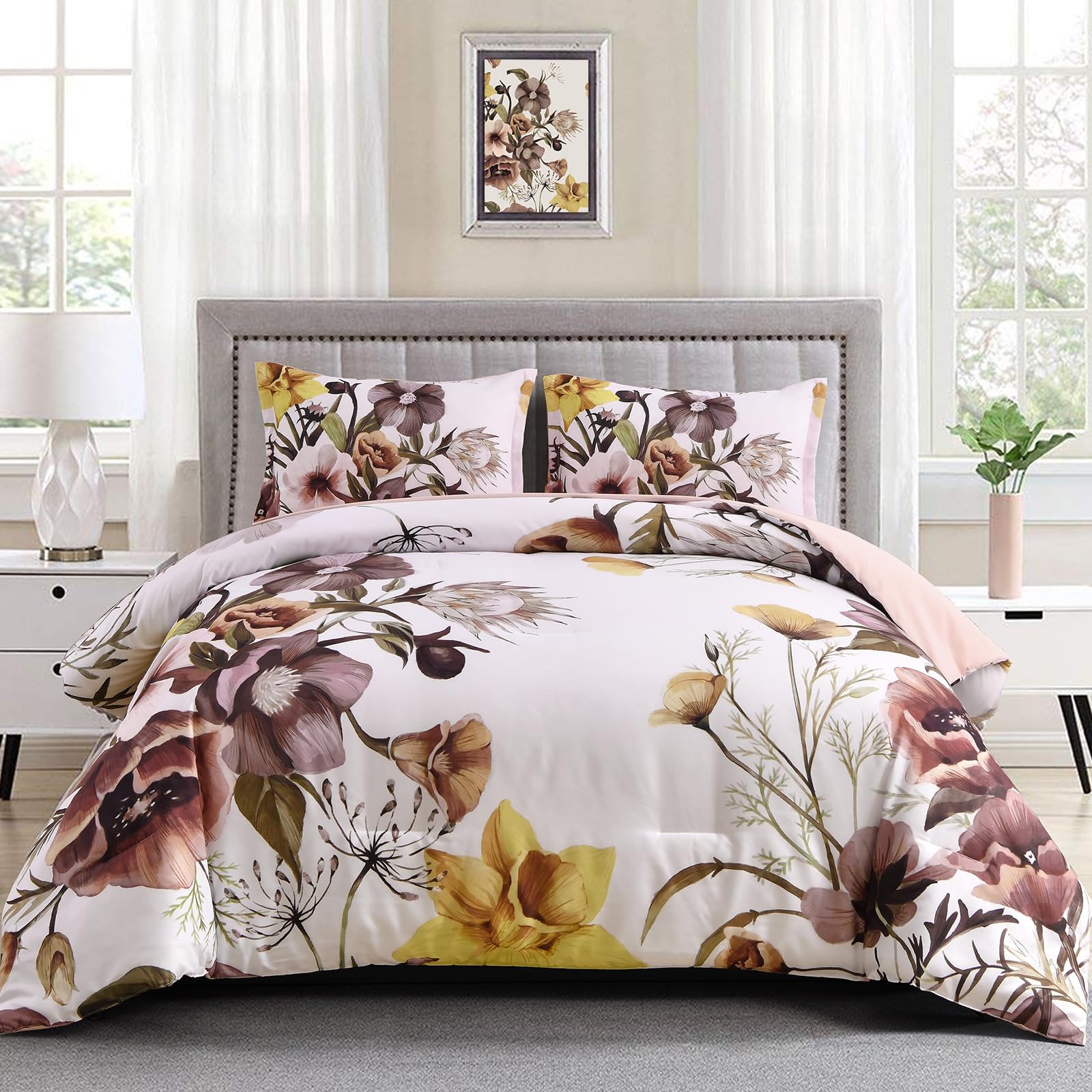 Drucon Floral Comforter Set Queen, 3 Piece Boho Blush Floral Printed on White, Soft Microfiber Bedding Set for All Season (1 Comforter, 2 Pillowcases)