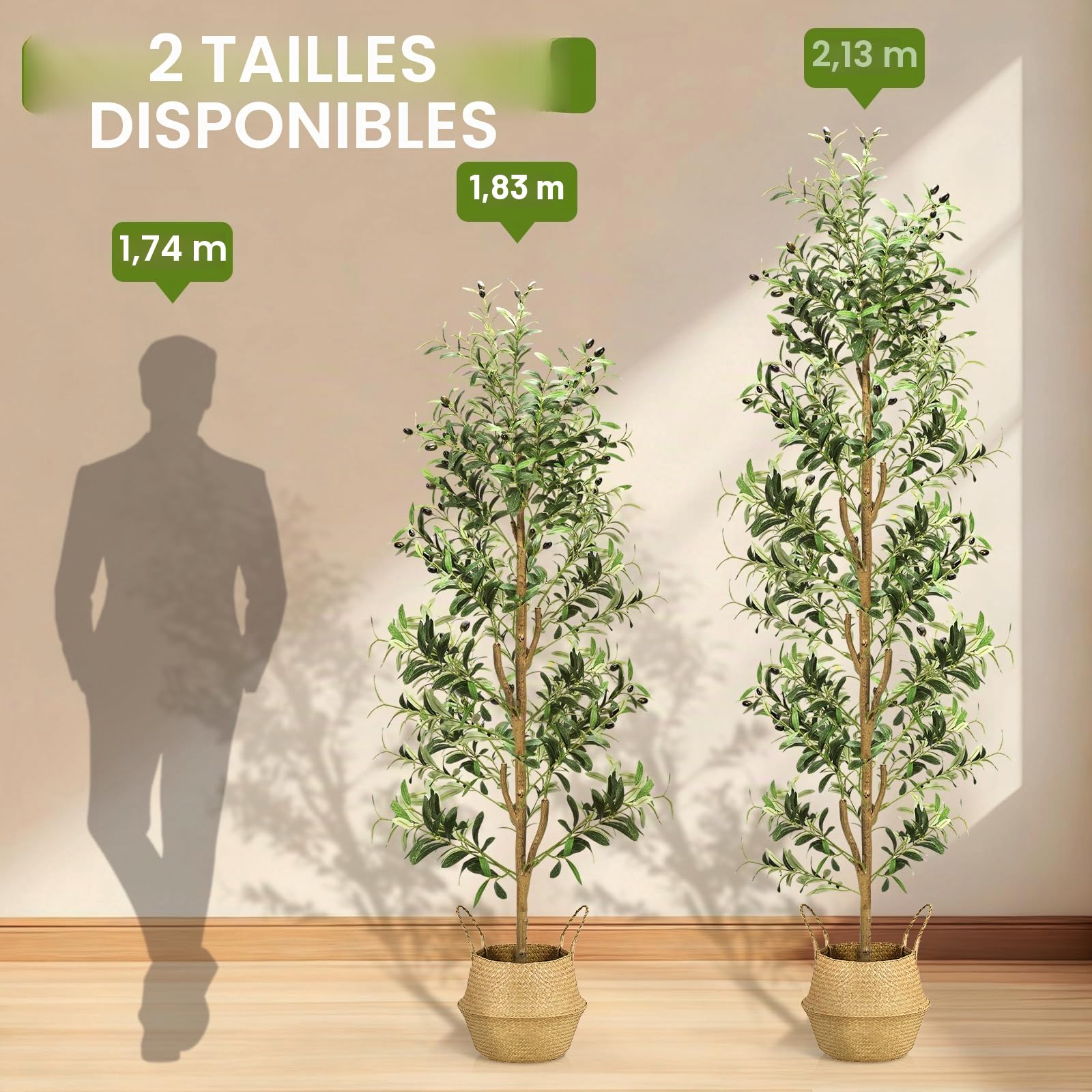 NZQXJXZ Olivier Artificiel 180 cm avec Lumières pour Maison Bureau | Plantes Artificielles Intérieur avec Pot & Panier, Fausse Plante Intérieur avec Tronc Naturel et Fruits Réalistes