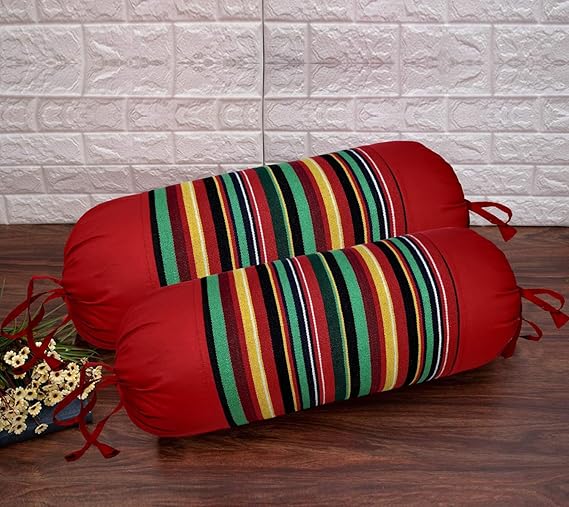 SAJAVAT HOME Pure Cotton Stripe Printed Bolster Pillow Cover | 15x30 INCHES / 38x76 CMS | Barn Red with Strings (Pack of 2)