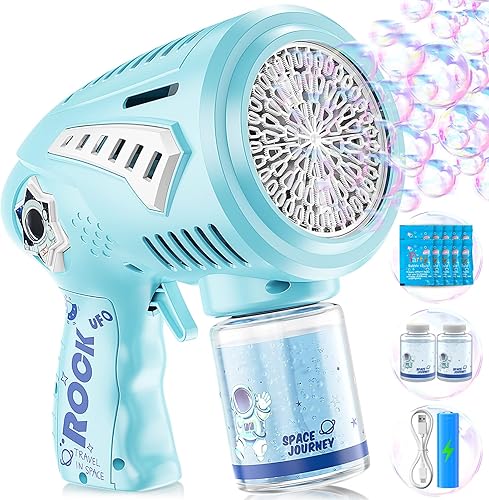 Pistola de burbujas  Pistola de burbujas espaciales de 72 agujeros con luz LED  Máquina de burbujas recargable para niños  Juguetes regalos para