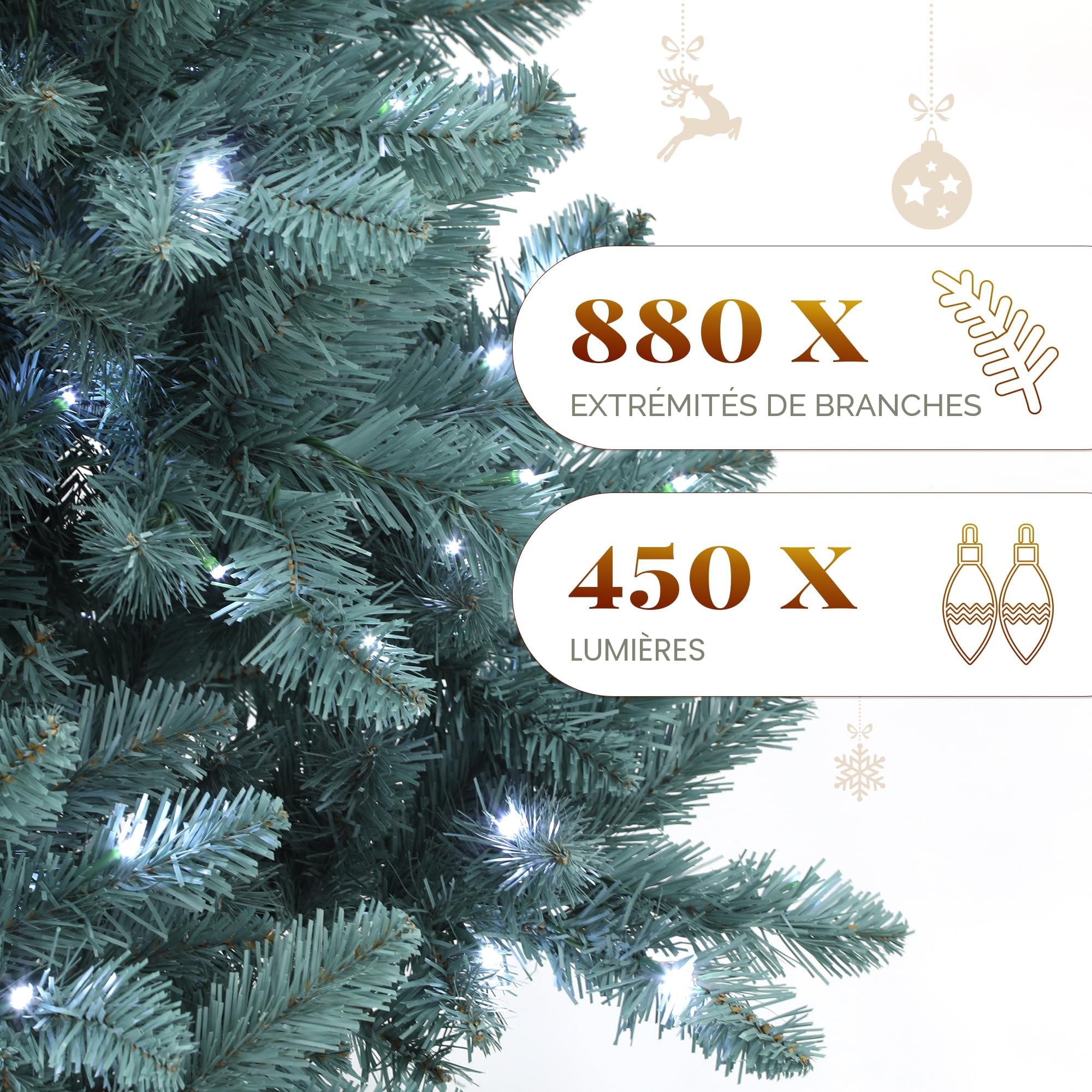 YITAHOME Sapin de Noël Artificiel en épicéa de 1,8 m avec éclairage, Branches rabattables, 880 Pointes et 450 lumières Blanches Chaudes